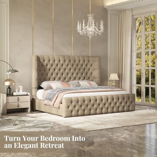 Jocisland King Bed Frame Upholstered Wingback Headboard & Footboard,Khaki