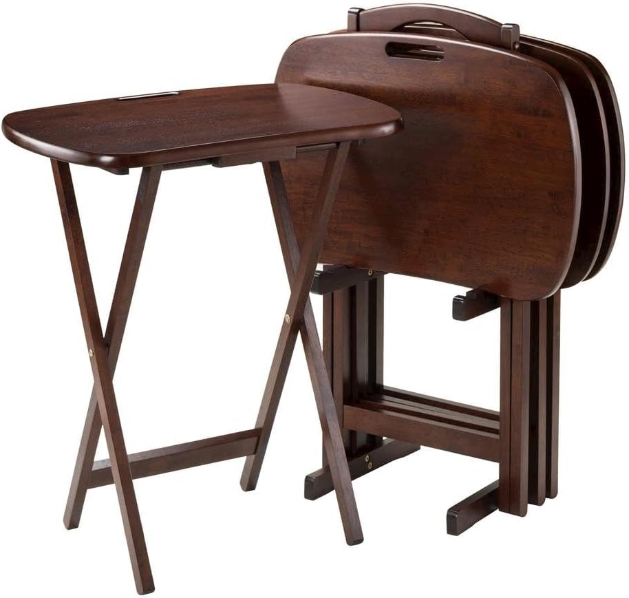 Furnifact Walnut Snack Table Set – Folding TV Trays with Stand for Dining, Wo...
