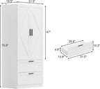 WOODTIME 70.9" Tall Armoire Wardrobe Closet with 2 Drawers, 2 Doors & Hanging Rod, 31.5" W Farmhouse Wooden Wardrobe Clothes Storage Cabinet for Bedroom Apartment, White