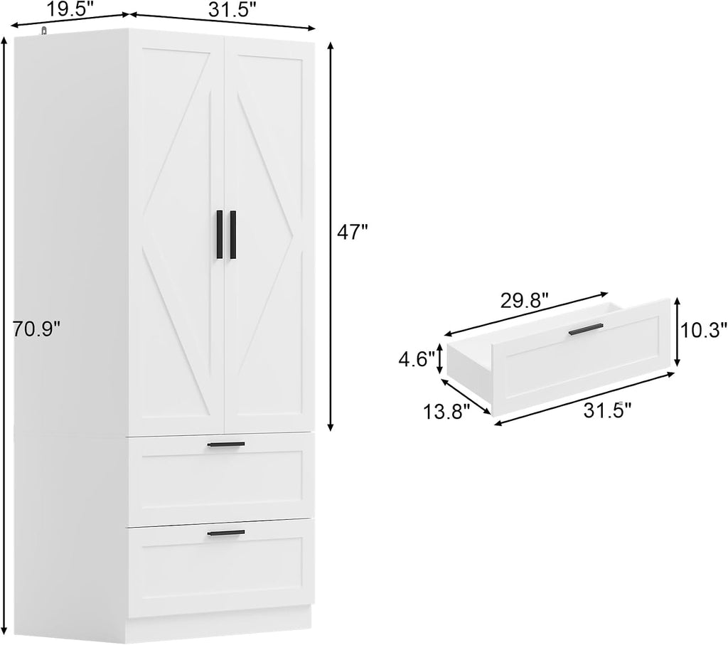 WOODTIME 70.9" Tall Armoire Wardrobe Closet with 2 Drawers, 2 Doors & Hanging Rod, 31.5" W Farmhouse Wooden Wardrobe Clothes Storage Cabinet for Bedroom Apartment, White