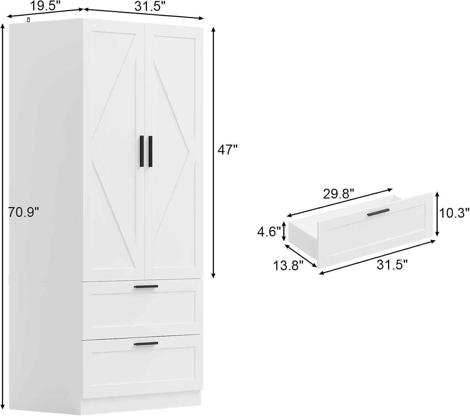WOODTIME 70.9" Tall Armoire Wardrobe Closet with 2 Drawers, 2 Doors & Hanging Rod, 31.5" W Farmhouse Wooden Wardrobe Clothes Storage Cabinet for Bedroom Apartment, White