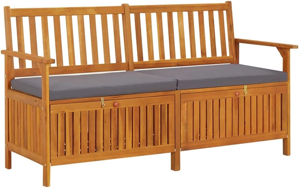 Outdoor Storage Bench with Cushion 58.3 inch Solid Acacia Wood Patio Furnitur...