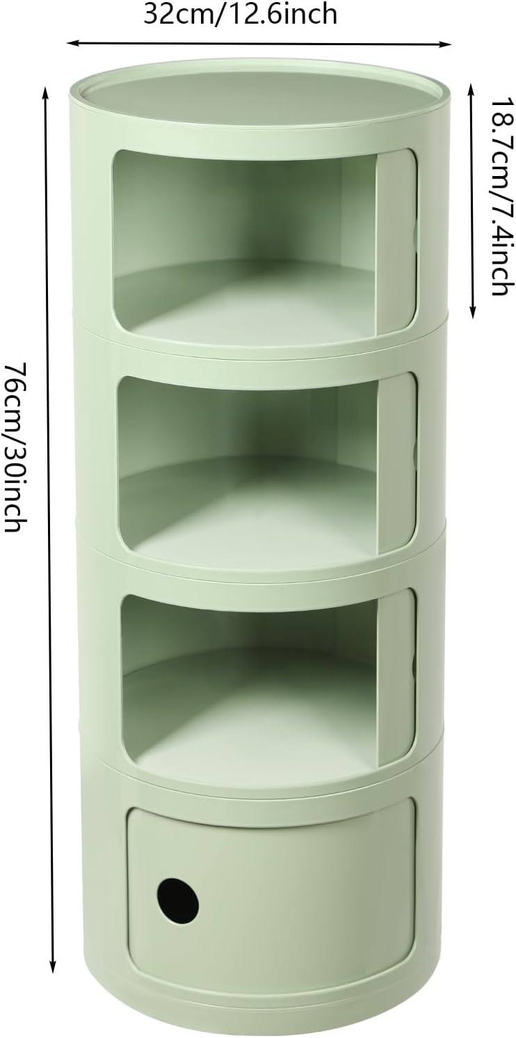 Round Nightstand, 4 Tier Circular Side Table with Sliding Doors, Modern Cylin...
