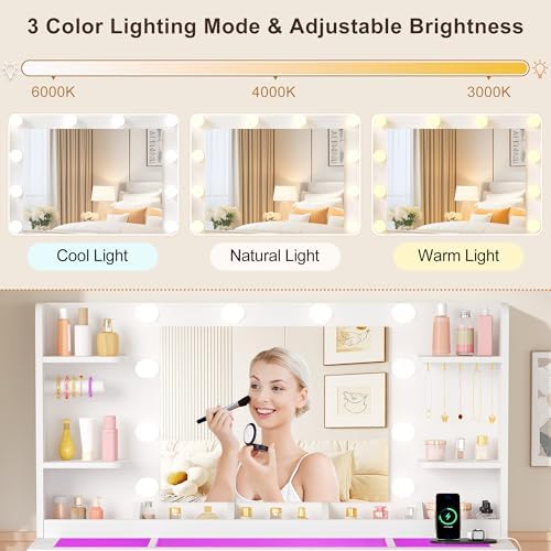 Large Makeup Vanity with Mirror and Lights, 11-Drawer RGB Vanity