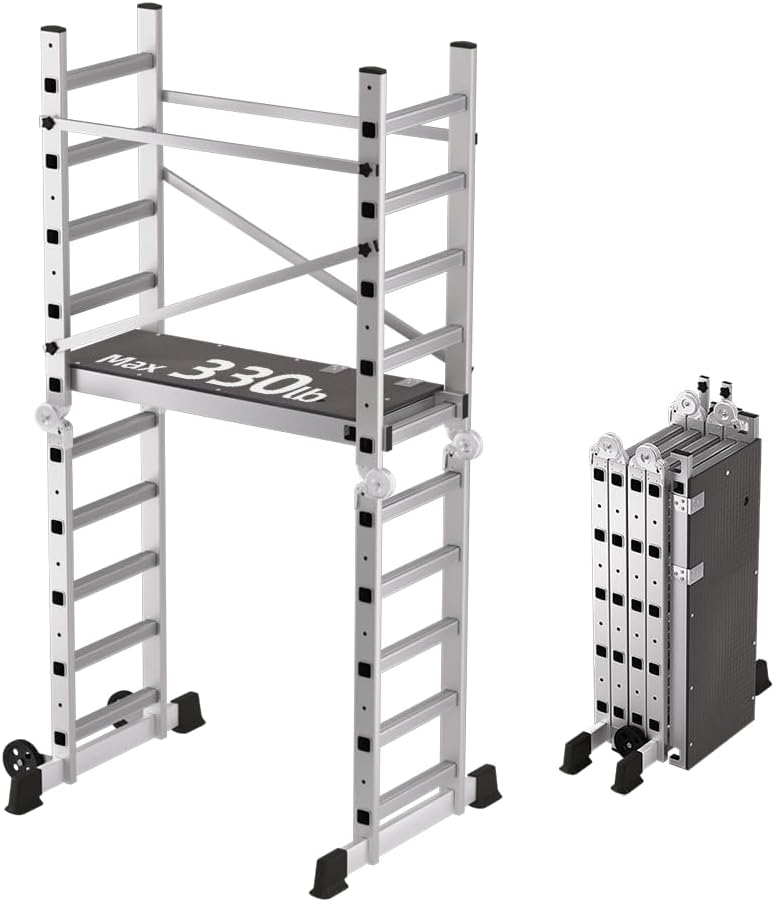 APARECIUM 10' Foldable Aluminum Scaffolding Ladder, Multipurpose Rolling ...