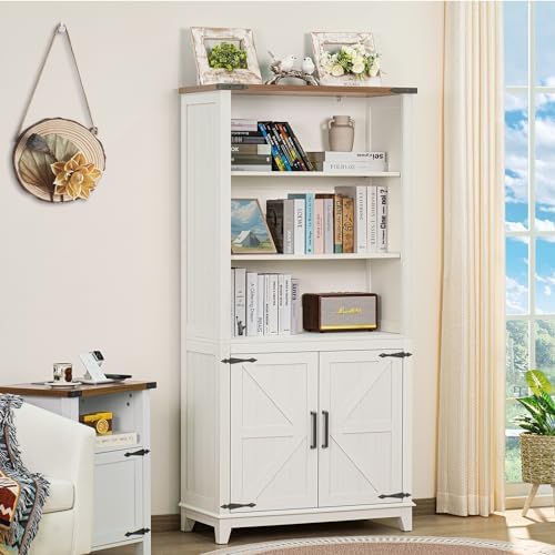 Joaxswe 5 Tier Bookshelf 70in Tall Bookcase with Barn Doors and Storage Cabin...