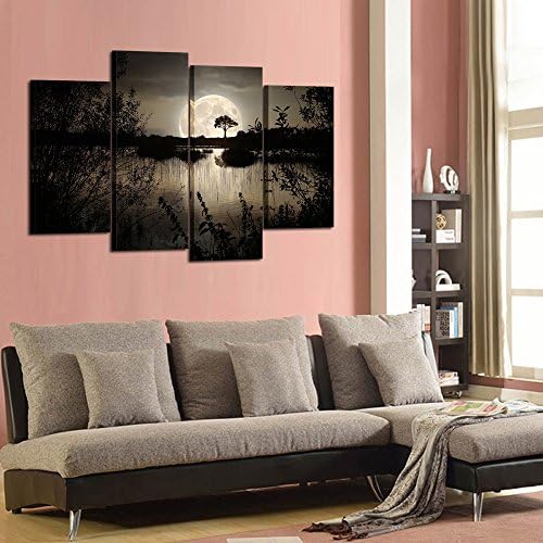 4 Pieces Canvas Prints Wall Art Big Moon over Lake in Dark Forest