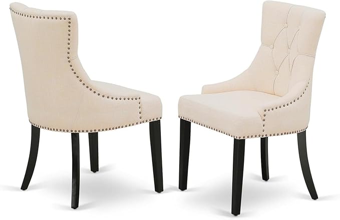 East West Furniture FRP1T02 Friona Parson Dining Room Chairs - Button Tufted Nailhead Trim Light Beige Linen Fabric Padded Chairs, Set of 2, Black