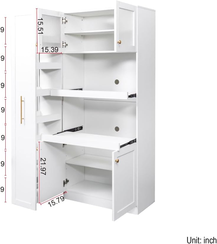Kitchen Pantry Cabinet with Pull-Out Storage, White, Particle Board, MDF, 43....