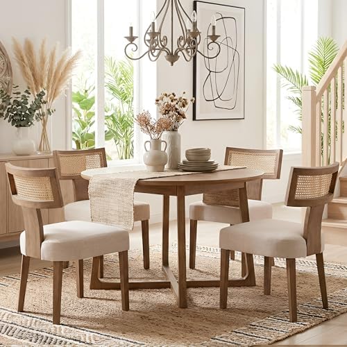 HNY Mid Century Modern Rattan Dining Chairs Set of 4, Linen Upholstered Kitch...