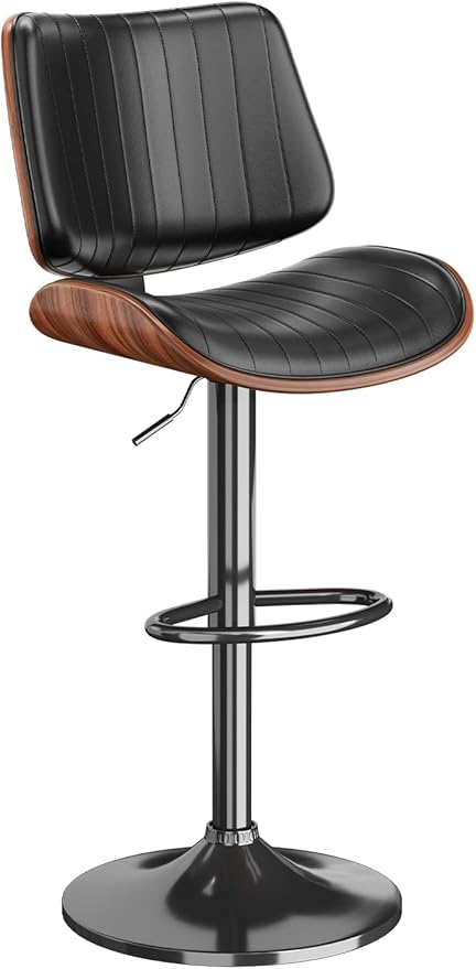 Swivel Bar Stools Set of 1, Adjustable Bentwood Barstools for Kitchen Counter, Modern PU Leather Upholstered Bar Chair with Back and Footrest, for Kitchen Island, Bar, Dining Room, Black