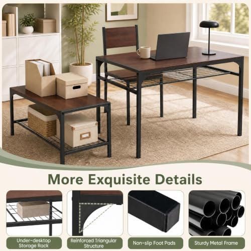 COSTWAY Dining Table Set for 4 with Bench & 2 Chairs, Storage Racks, Walnut
