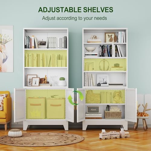 Metal Bookcase with Doors, White 71" Tall Bookcase with Storage, Floor I...