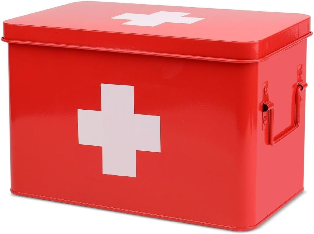 Flexzion First Aid Box Organizer Empty 13" Red Vintage First Aid Kit Tin Metal Medical Box - First Aid Storage Box Container Bins with Dividers, Removable Tray and White Cross Logo