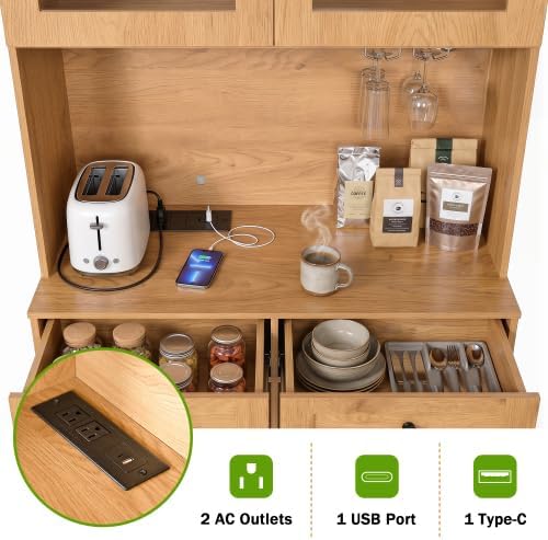 75" Oak Coffee Bar Cabinet Arched Kitchen Pantry Charging Station | Farm...