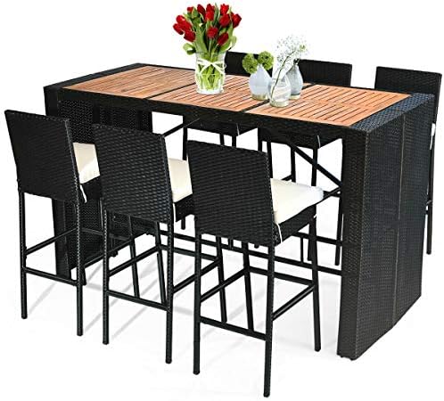 Tangkula 7 PCS Outdoor Wicker Furniture with Acacia Wood Bar Table Top and Re...