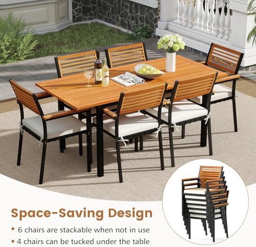 Tangkula 7 Piece Acacia Wood Outdoor Dining Set with 6 Stackable Armchairs