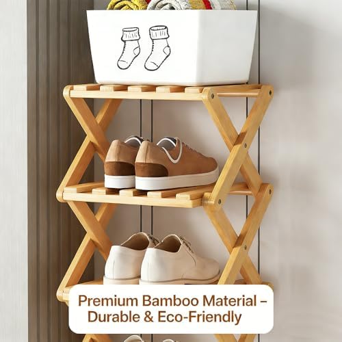 Bamboo Foldable Narrow Shoe Rack, The 9-Tier Bamboo Rack: 3-Tier, 6-Tier, and 9-Layers No-Assembly Storage Solution! Vertical Shoe Organizer Tall for Small Spaces Entryway Bedroom (White, 3 Tier)