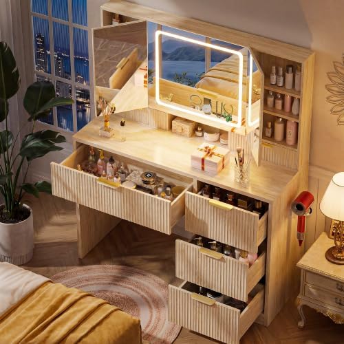 COMHOMA Vanity Desk with 3-Way Mirror and Lights, Makeup Vanity with 360° Vie...
