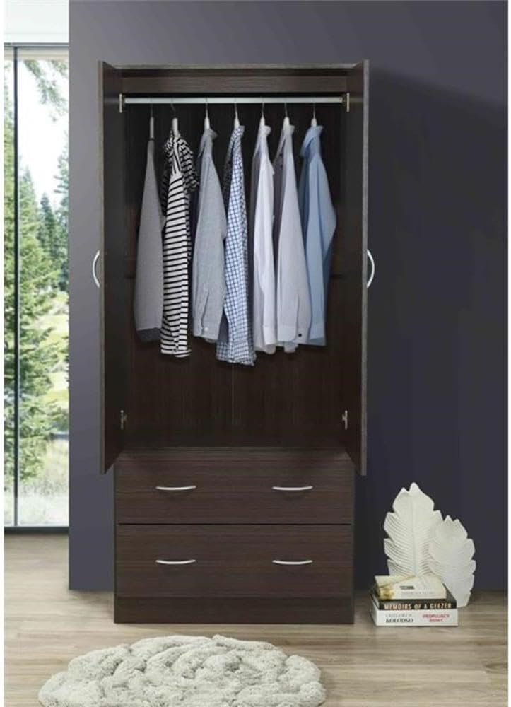 Pemberly Row 2 Door Armoire, 71.7 in H x 31.5 in W, Compressed Wood, Chocolate Finish, Garment Rod, Long Mirror, 2 Drawers with Metal Glides, Bedroom Wardrobe Closet Storage Organizer