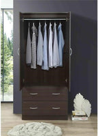 Pemberly Row 2 Door Armoire, 71.7 in H x 31.5 in W, Compressed Wood, Chocolate Finish, Garment Rod, Long Mirror, 2 Drawers with Metal Glides, Bedroom Wardrobe Closet Storage Organizer