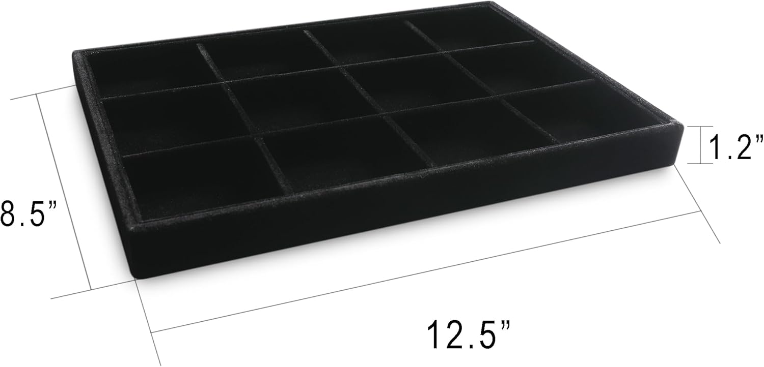 Frebeauty Stackable Velvet Jewelry Organizer Trays for Drawers Inserts Jewelry Storage Tray Display Case, Stud Earrings Bracelets Necklace Rings Accessories Trays for Women (Set of 2 Black)