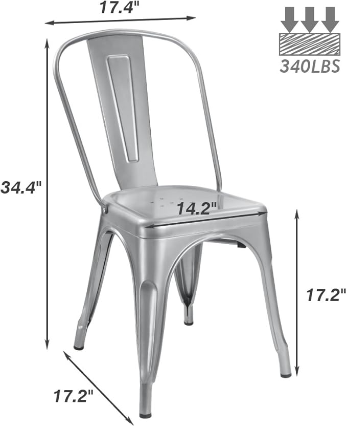 Devoko Metal Indoor-Outdoor Chairs Distressed Style Kitchen Dining Chairs Stackable Side Chair with Back Set of 4 (Silver)