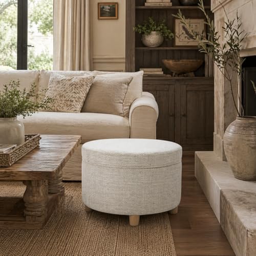 Homepop Home Decor | Upholstered Round Storage Ottoman | Ottoman with Storage for Living Room & Bedroom (Cream Chevron Woven) Large