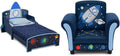 Delta Children Space Adventures Rocket Ship Wood Toddler Bed - Greenguard Gold Certified, Blue & Space Adventures Kids Upholstered Chair, Blue