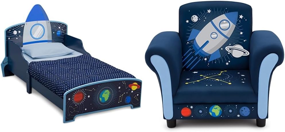Delta Children Space Adventures Rocket Ship Wood Toddler Bed - Greenguard Gold Certified, Blue & Space Adventures Kids Upholstered Chair, Blue