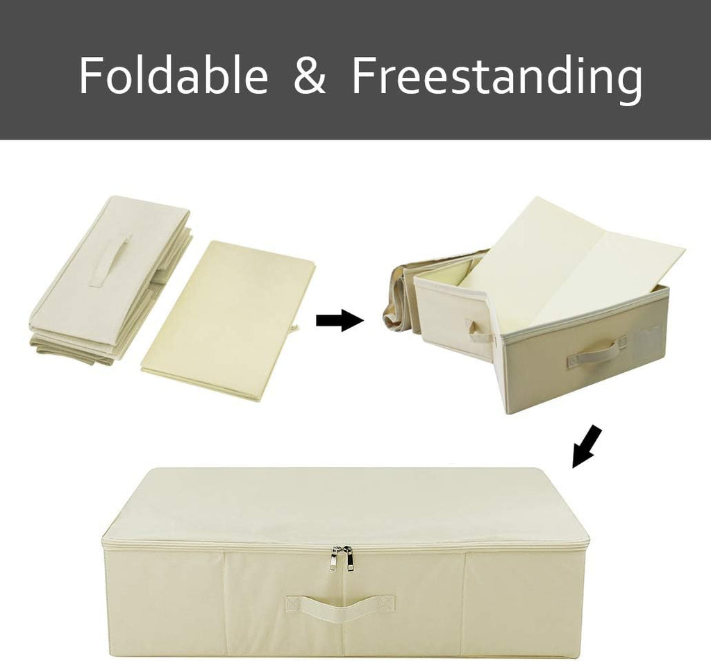 iwill CREATE PRO Folding Under Bed Shoes Storage Organiser Bins with Lid, Underbed Clothes Organizer Basket, Garment Storage Boxes, Beige