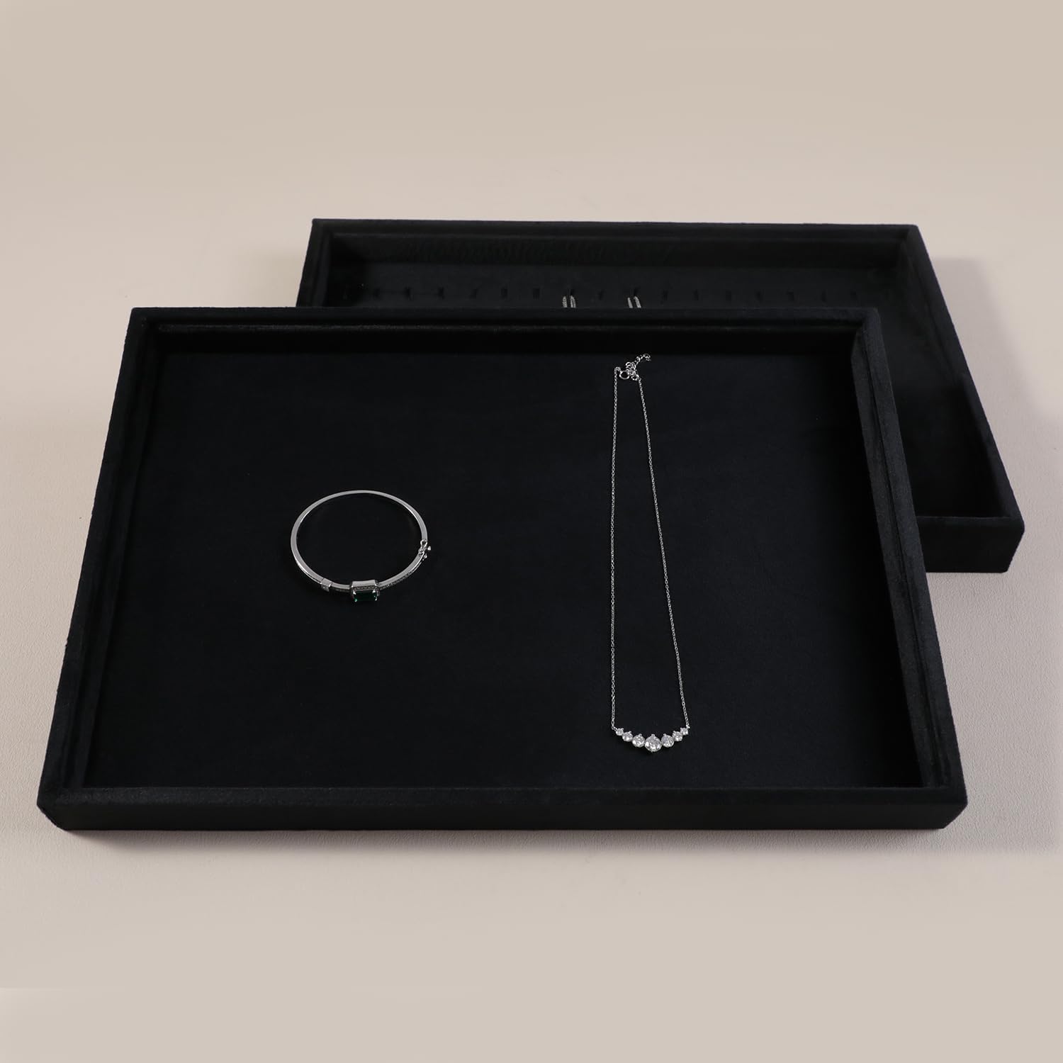 Velvet Stackable Jewelry Display Flat Tray For Ring Earring Necklace Bracelet, Bangle Pendant Storage Blank Plate, Shop Countertop Jewelry Dish Organizer (Black)