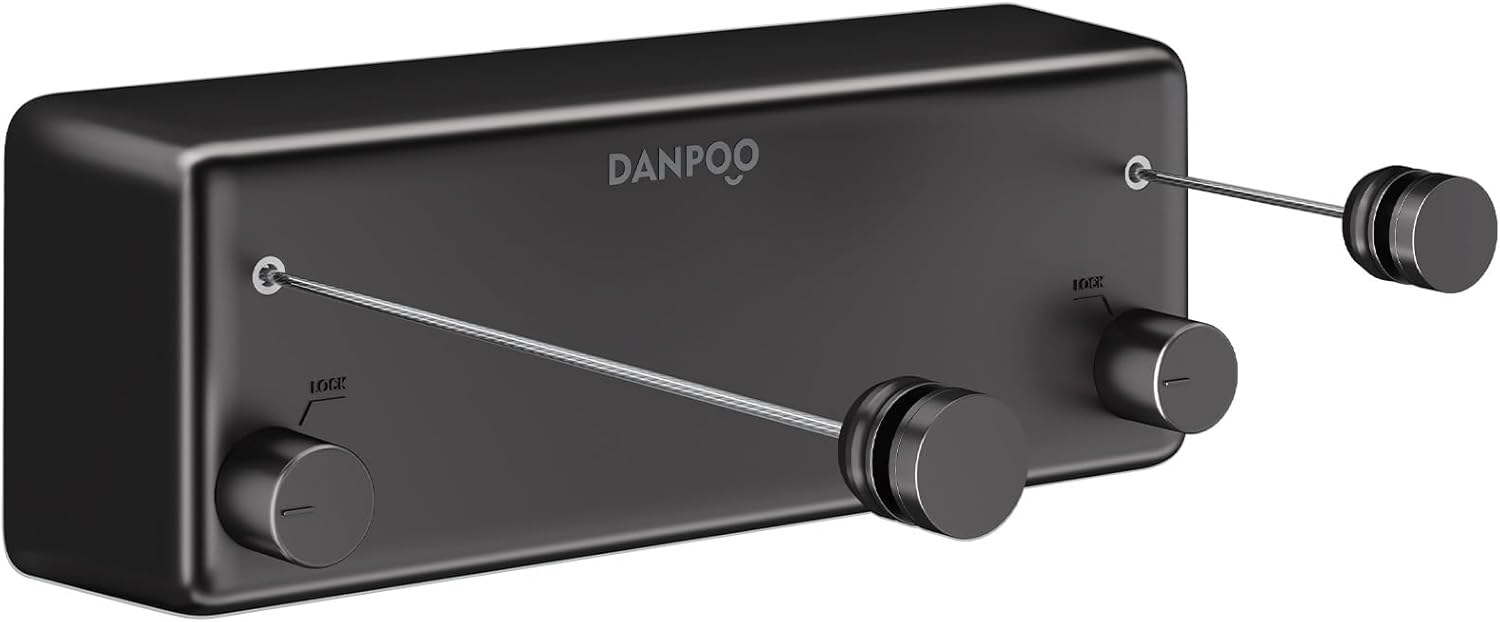 Danpoo Retractable Clothesline Outdoor Heavy Duty, 2x13.8ft Stainless Steel Double Clothes Line for Outdoors - for Patio/Backyard/RV Wall Mounting(Black)