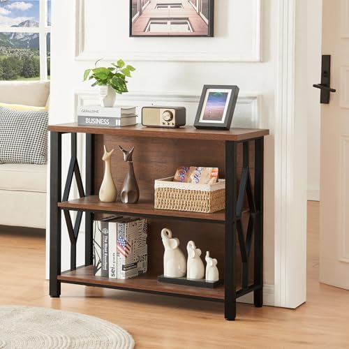 HOMISSUE Bookshelf, 3-Tier Rustic Short Bookshelf, Industrial Shelf Bookcase ...