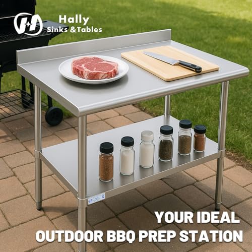 Hally Stainless Steel Table for Prep & Work 18" x 30" with Backsplash NSF | Commercial Metal Heavy Duty Workbench, Adjustment Undershelf, for Kitchen, Restaurant, Home, Hotel, Garage, Pizza Oven