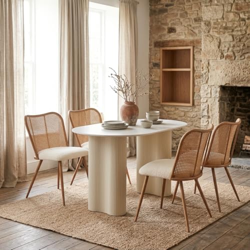 Rattan Dining Chairs Set of 4,Modern Chairs with Cane Back Upholstered Boucle...