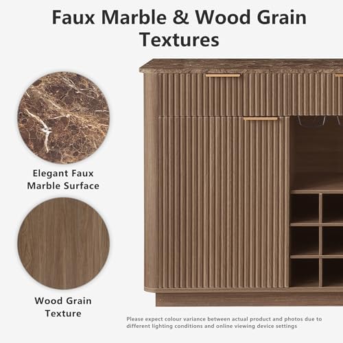 win2win 59" Fluted Sideboard, Wine Bar Cabinet with Faux Marble Top, Walnut