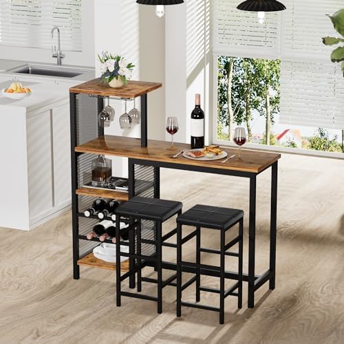 VECELO Bar Table and Chairs Set for 2, 3-Piece Dining Set with Storage Shelve...