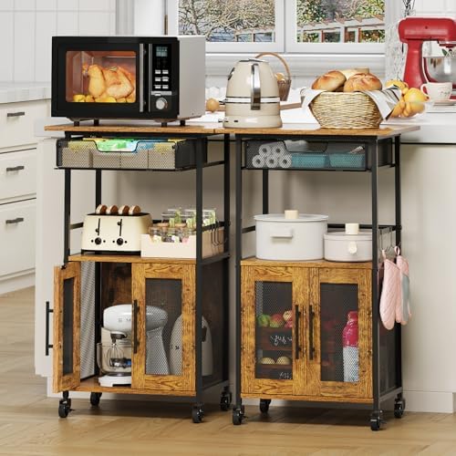 3 Tier Slim Rolling Coffee Cart with 2-Door & Pull-Out Wire Basket Drawer...