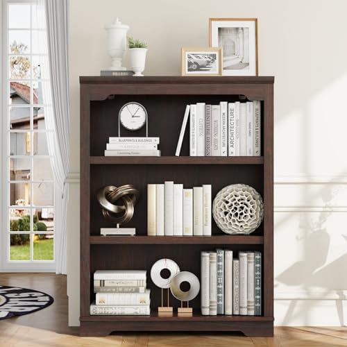 HIFYOBRO 3 Tier Sturdy Bookshelf, 42" Tall Wooden Bookcase, Cherry