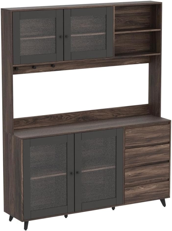 AGOTENI Large Kitchen Hutch Cabinet, Storage Cupboard Pantry with 4 Glass Doo...