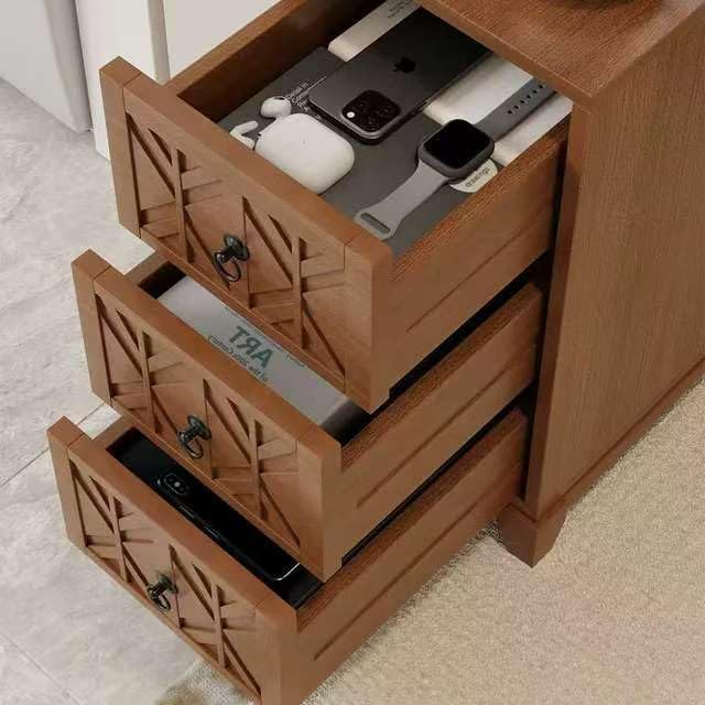 End Table with 3 Drawers and 2 Open Shelves, Walnut Finish Corner Table for B...