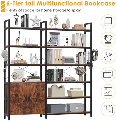 6-tire Farmhouse Corner Book Shelf with 2 Barn Doors and 10 Storage Shelves, ...