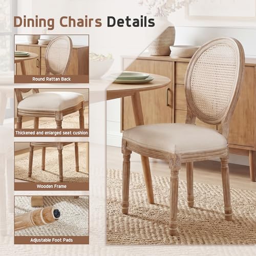 Polar Aurora Dining Chairs Set of 4 Beige Rattan Round Back with Solid Wood L...