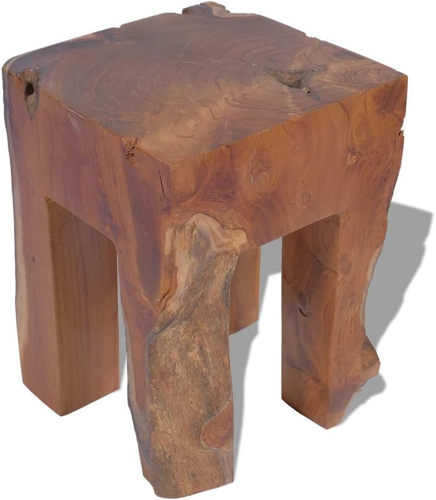 Solid Teak Wood Stool, Square Rustic End Table for Living Room Bedroom, Sturd...