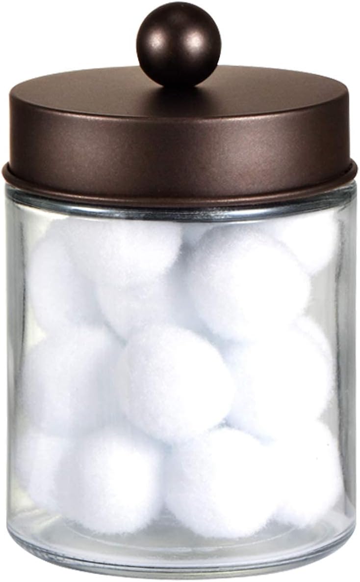 Amolliar Apothecary Jars Bathroom Storage Organizer - Cute Qtip Dispenser Holder Vanity Canister Jar Glass with Lid for Cotton Swabs,Rounds,Bath Salts,Makeup Sponges,Hair Accessories/Bronze (1 Pack)