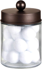 Amolliar Apothecary Jars Bathroom Storage Organizer - Cute Qtip Dispenser Holder Vanity Canister Jar Glass with Lid for Cotton Swabs,Rounds,Bath Salts,Makeup Sponges,Hair Accessories/Bronze (1 Pack)