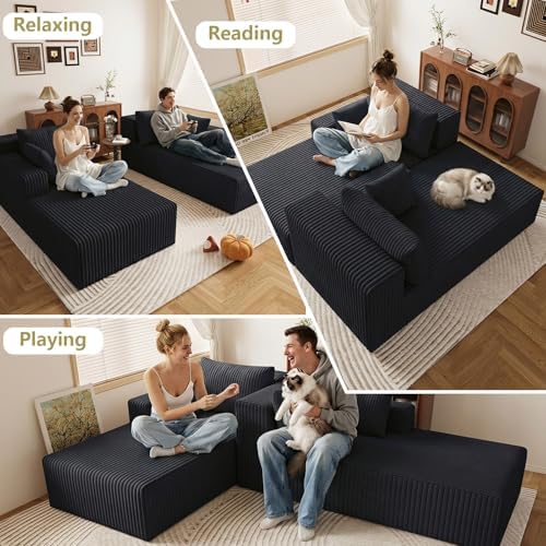 71" Oversized Double Chaise Lounges Indoor, Upholstered Corduroy Oversized Chaise Lounge Chair, Modern Sleeper Loveseat Chair Boneless Cloud Couch for Living Room Bedroom Reading (Black)