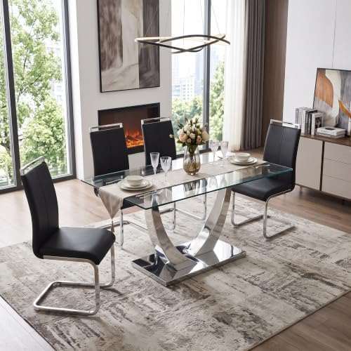 Glass Dining Table Set for 4, 63" Modern Dining Table Set for 4