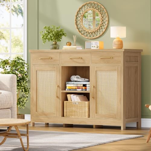 TEENFON Coffee Bar Cabinet with 3 Drawers, Farmhouse Buffet Cabinet